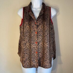 Kathryn Leopard Print Satin Top Vintage Sleeveless Red Trim Curved Hem Button 8